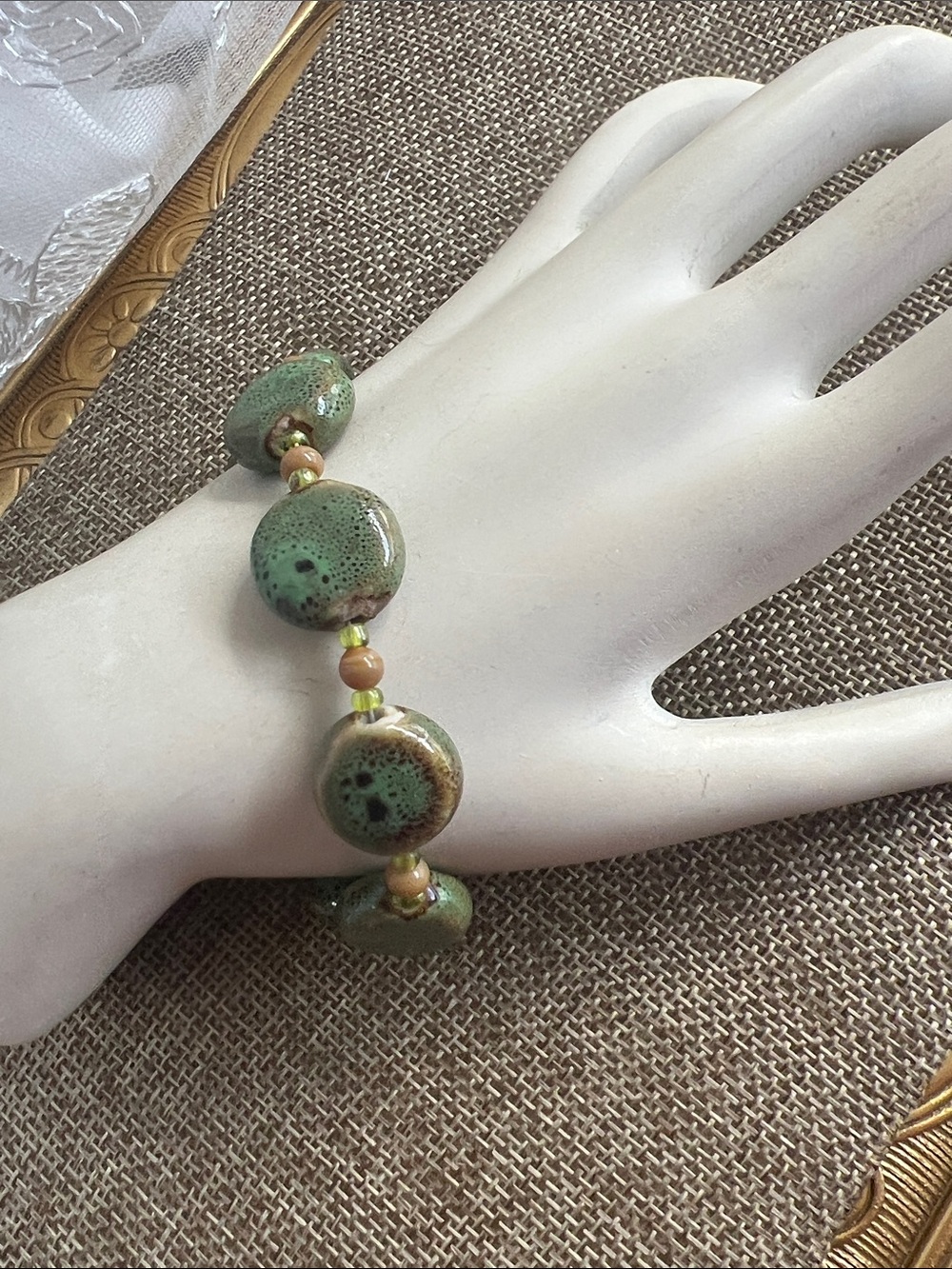 Green Ceramic Bead Stretch Bracelet - Ceramic Disc & Accent Beads
